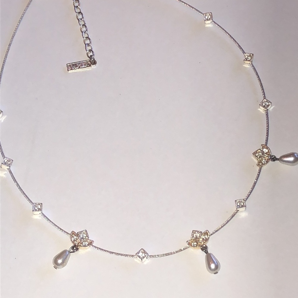 Napier Elegant Silver Tone Necklace with Faux Pearl and CZ Accents